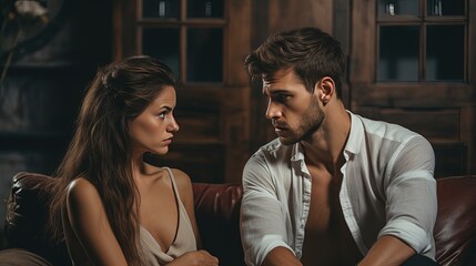 marriage couple sitting on sofa looking each other with serious expression, couple conflict, Generative Ai