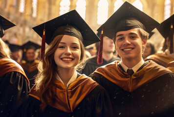 Obraz premium Happy graduates. Five college graduates standing in a row and smiling. Nice time!