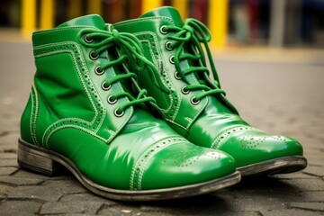 Stylish Green Leather Boots on Cobblestone Street - obrazy, fototapety, plakaty