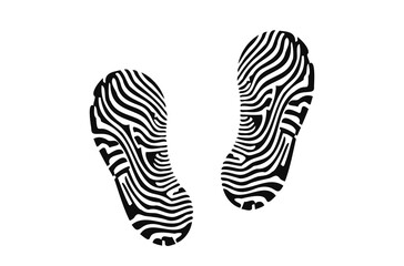 Human shoe footprints. Pair of prints of sneakers or boots. Left and right leg. Shoe sole. Walking foot steps. Black and white vector isolated on white. Icon, symbol, pictogram. Children's footprints
