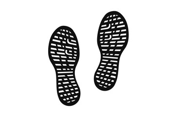 Human shoe footprints. Pair of prints of boots or sneakers. Left and right leg. Shoe sole. Black and white vector isolated on white background. Icon, symbol, pictogram. For print, design element