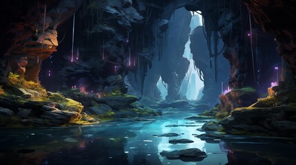 An underground cavern with bioluminescent crystals and mystical inscriptions. Digital concept, illustration painting.