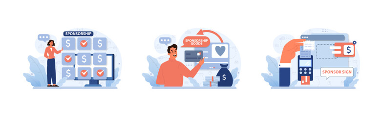 Sponsorship set. Professionals navigate funding options. Choosing suitable packages, obtaining goods, displaying sponsor signs. Engaging in financial partnerships. Flat vector illustration
