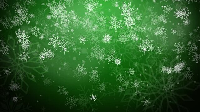 Green background with snowflakes. Animation for winter posters, Christmas greeting cards. Loop.