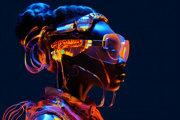 African Woman portrait with futuristic sunglasses in the style of digital neon, retro-futuristic on dark background