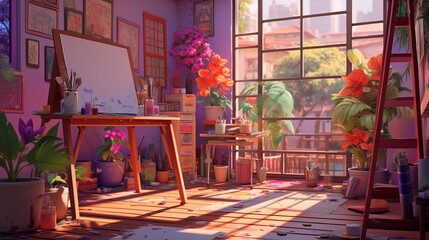 Artist's studio with city view. Digital concept, illustration painting.