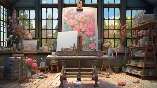 Artist's studio with a view of nature. Digital concept, illustration painting.