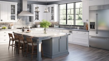 a kitchen with white cabinets and a black countertop and a stainless steel oven - obrazy, fototapety, plakaty