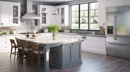 Deurstickers a kitchen with white cabinets and a black countertop and a stainless steel oven © Textures & Patterns