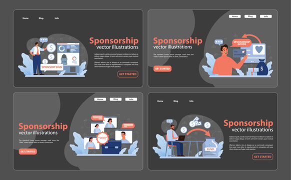 Sponsorship set. Engaging online sponsorship platforms. Individuals explore funding opportunities. Seeking sponsors, showcasing goods, and funding initiatives. Flat vector illustration