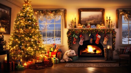 Christmas home cozy interior with a decorated New Year tree. Christmas background