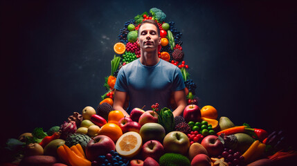 A man meditates with vegetables and fruits. Generative AI,