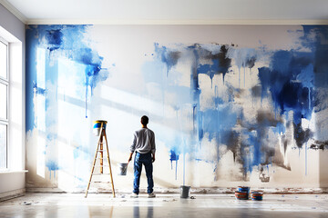 Painter painting blue paint on white wall - obrazy, fototapety, plakaty