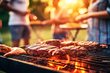 Group of friends having fun grilling meat at a house party - obrazy, fototapety, plakaty