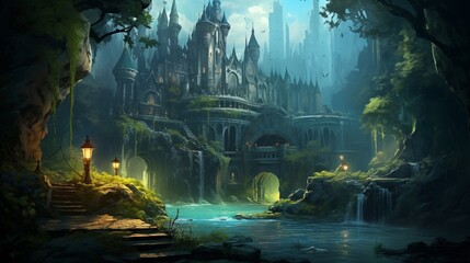 A dark-fantasy castle hidden in the midst of a foreboding, enchanted forest. Digital concept, illustration painting.