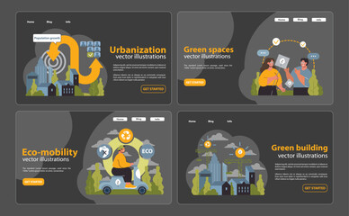 Urban development set. Cities evolving with growing populations. Green spaces for relaxation, eco-friendly transportation means, and sustainable buildings. Eco innovations, urban planning. Flat vector