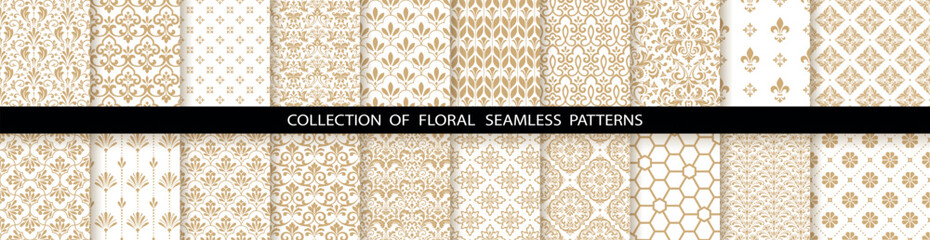 Geometric floral set of seamless patterns. White and gold vector backgrounds. Damask graphic ornaments