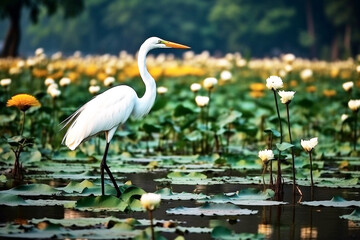 White egret in the swamp with  lotus field