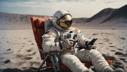 Astronaut sits in a beach chair on a Moon surface, Resting after the flight, Spent His Leisure Time on the Lunar Surface, holding phone in hands
