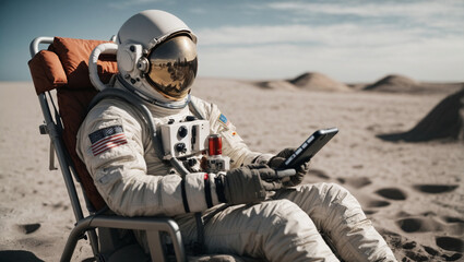 Astronaut sits in a beach chair on a Moon surface, Resting after the flight, Spent His Leisure Time on the Lunar Surface, holding phone in hands - obrazy, fototapety, plakaty