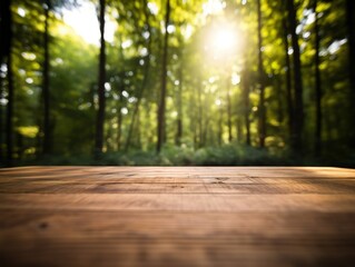 Close up wooden table with green forest in the background, sunny day.