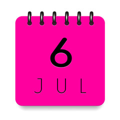 6 day of the month. July. Pink calendar daily icon. Black letters. Date day week Sunday, Monday, Tuesday, Wednesday, Thursday, Friday, Saturday. Cut paper. White background. Vector illustration.