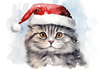 Watercolor cute gray cat with santa hat on white background, Closeup