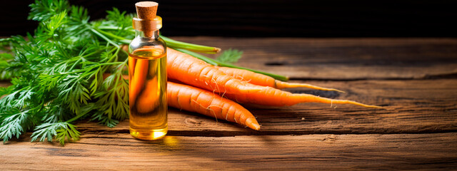 Carrot cosmetic oil on a wooden background. Generative AI, - obrazy, fototapety, plakaty
