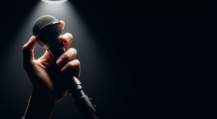 Handheld microphone with stage lighting background , banner has space for typing text