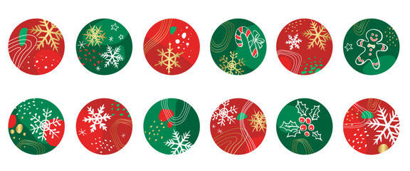 Round Christmas icons for social media stories. Set of round covers with snowflakes, holly berries, gingerbread man, candy cane, abstract elements. Winter modern design in green and red colors. Vector
