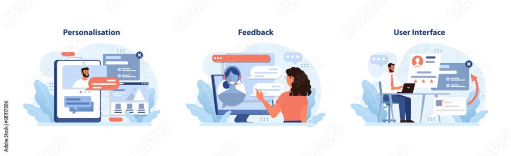 Poster user experience set. personalisation with tailored content, woman receiving feedback online, man nav