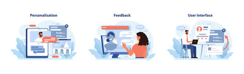 User Experience set. Personalisation with tailored content, woman receiving feedback online, man navigating user interface. Interaction, optimization, efficiency. Flat vector illustration - obrazy, fototapety, plakaty