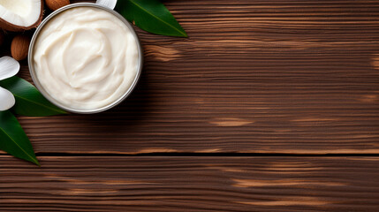 Cosmetic shea butter on a wooden background. Generative AI, - obrazy, fototapety, plakaty