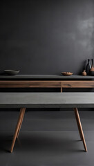 Dark grey cement countertop with wooden structural table against black cement background with copy space High quality photo.