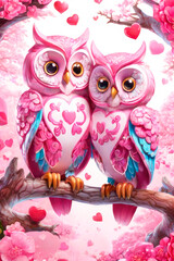 Happy valentine's greeting card, concept of love confession. Expression of tender feelings. A  couple of  very cute two pink owls on a branch, cartoon character.
