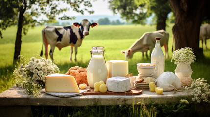 Cow dairy products on a farm background. Generative AI, - obrazy, fototapety, plakaty