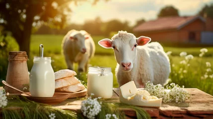 Foto op Plexiglas Sheep dairy products on a farm background. Generative AI, © Яна Ерік Татевосян