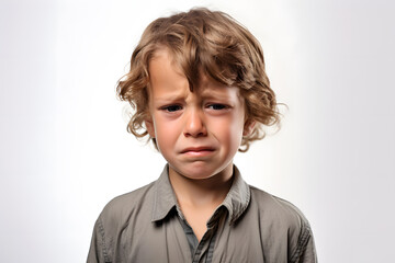 Portrait of crying little kid boy. Desperate facial emotion