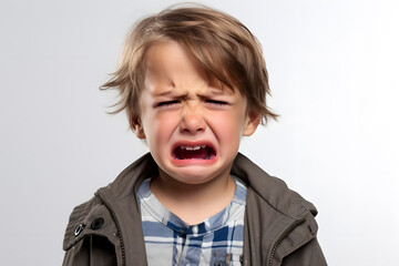 Obraz na płótnie Canvas Portrait of crying little kid boy. Desperate facial emotion