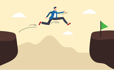 The determination and courage to overcome obstacles and achieve business success. career challenge. A businessman jumps over a cliff gap to grab the flag of victory.