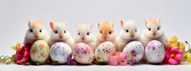Rabbits and Easter eggs on a white background. Generative AI,