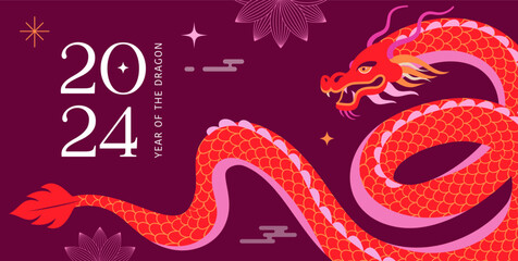 Lunar new year background, banner, Chinese New Year 2024 , Year of the Dragon. Traditional minimalist modern style