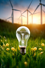 Light bulb on the grass concept nature electricity. Generative AI,