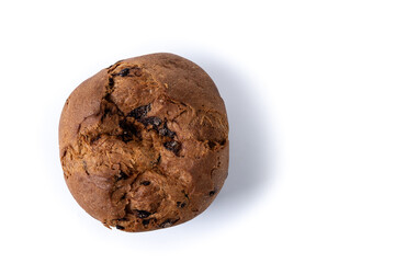 Christmas panettone cake with chocolate chips isolated on white background. Top view. Copy space