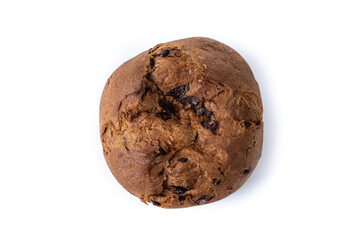 Christmas panettone cake with chocolate chips isolated on white background. Top view.