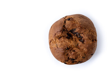 Christmas panettone cake with chocolate chips isolated on white background. Top view. Copy space
