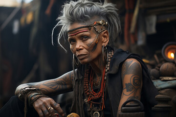 Fototapeta na wymiar Generative ai tattooed woman survived to an apocalypse, living in a new tribal society