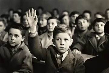 Foto op Canvas Vintage Classroom: Eager Student Raises Hand, 1970 © Andrii 