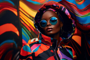 Generative ai black young woman wearing glamorous colorful avant-garde outfit