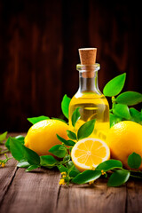 lemon essential oil in a bottle. Generative AI,